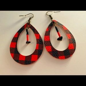 Faux leather earrings red plaid